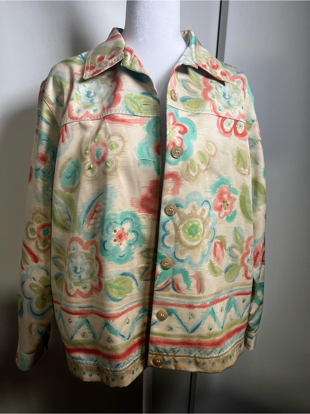 Pastel Floral Cream Jean Jacket with Watercolor Motif